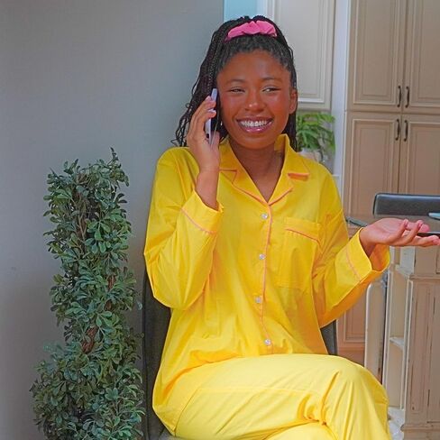 Women's 100% Cotton Pajama Set - Super Soft Long Sleeve Sleepwear with Matching Storage Bag and Cute Contrast Hair Tie - Cozy, Breathable, Lightweight Loungewear (Yellow and Pink, Small) in Saudi Arabia