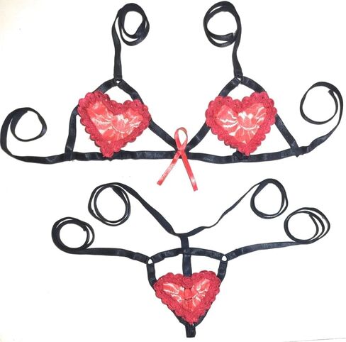 Sexy Embroidered Heart Shape Cute Push Up Lingerie Handmade Sexy Style Looking charming Valentines Day Gifts Breathable And Naughty Sleepwear Free Size Red & Black (Red & Black) in Saudi Arabia