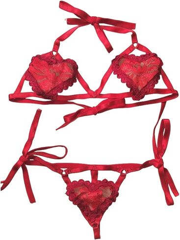 Sexy Embroidered Heart Shape Cute Push Up Lingerie Handmade Sexy Style Looking charming Valentines Day Gifts Breathable And Naughty Sleepwear Free Size Red & Black (Red & Black) in Saudi Arabia