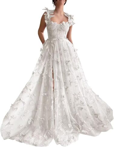 فستان Stanjiehu نسائي ثلاثي الأبعاد من التل على شكل فراشة للحفلات الراقصة مزين بالدانتيل على شكل قلب وفتحة طويلة، فستان سهرة رسمي in Kuwait