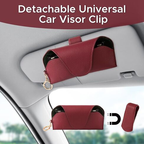 Leather Sunglass Holder for Car with Detachable Visor Clip, Travel Eyeglasses Case Keychain Organizers and Storage in Saudi Arabia