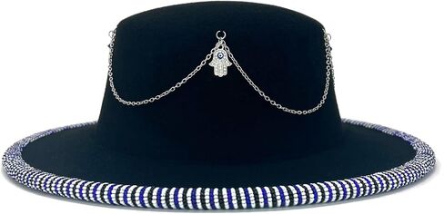 Felta Fedora Hat للنساء - مصنوع يدويًا مصنوعًا يدويًا مع حافة مخرمة - Hamsa Hand - Cobalt Blue - Black Fall Hat - Festival Fashion in Saudi Arabia