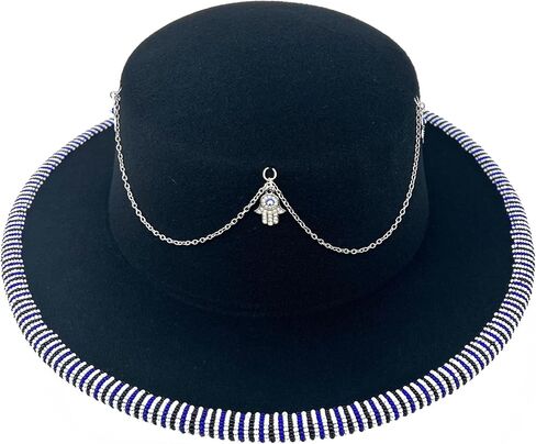 Felta Fedora Hat للنساء - مصنوع يدويًا مصنوعًا يدويًا مع حافة مخرمة - Hamsa Hand - Cobalt Blue - Black Fall Hat - Festival Fashion in Saudi Arabia