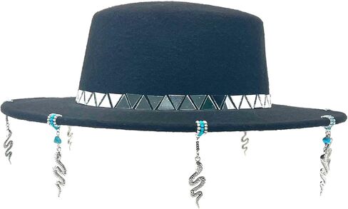 Felta Fedora Hat for Women - Wide Brimmed - تصميم مخصص مصنوع يدويًا مع حافة مخزنة - الفيروز الفضي - Snake - Mirror Mosaic - Black Fall Hat - Festival Fashion in Saudi Arabia