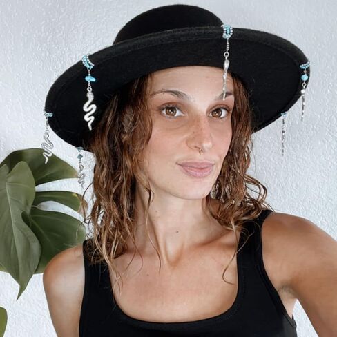 Felta Fedora Hat for Women - Wide Brimmed - تصميم مخصص مصنوع يدويًا مع حافة مخزنة - الفيروز الفضي - Snake - Mirror Mosaic - Black Fall Hat - Festival Fashion in Saudi Arabia