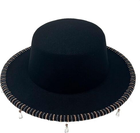 Felt Fedora Hat for Women - Wide Brimmed - Handmade Custom Design with a Beaded Brim - Rose Gold, Ice Blue Beads - Black Fall Hat - Festival Fashion in Saudi Arabia