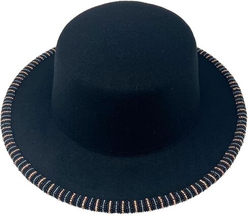 Felt Fedora Hat for Women - Wide Brimmed - Handmade Custom Design with a Beaded Brim - Rose Gold, Ice Blue Beads - Black Fall Hat - Festival Fashion in Saudi Arabia