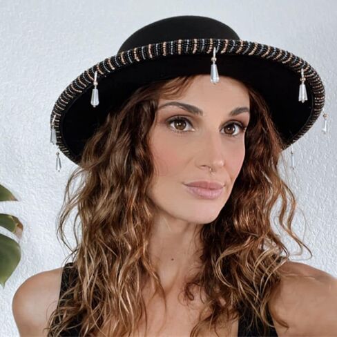 Felt Fedora Hat for Women - Wide Brimmed - Handmade Custom Design with a Beaded Brim - Rose Gold, Ice Blue Beads - Black Fall Hat - Festival Fashion in Saudi Arabia