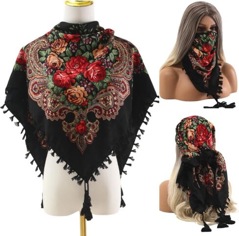 Ladies fashion printed headscarf Rose large flower retro multi-functional dust protection casual dress scarf shawl (黑色) in Saudi Arabia