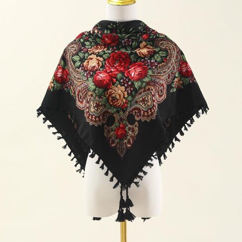 Ladies fashion printed headscarf Rose large flower retro multi-functional dust protection casual dress scarf shawl (黑色) in Saudi Arabia