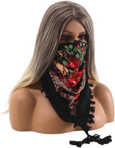 Ladies fashion printed headscarf Rose large flower retro multi-functional dust protection casual dress scarf shawl (黑色) in Saudi Arabia