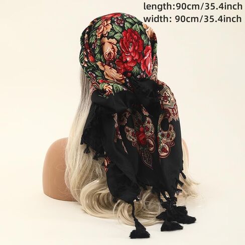 Ladies fashion printed headscarf Rose large flower retro multi-functional dust protection casual dress scarf shawl (黑色) in Saudi Arabia