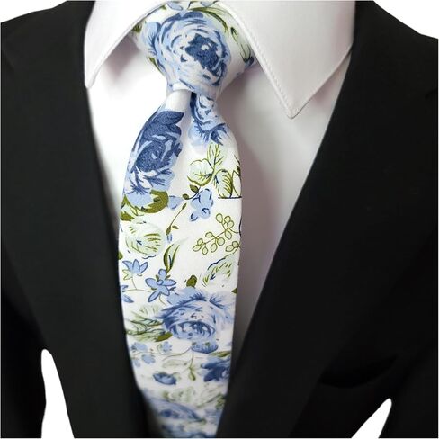Handmade Skinny Men's Tie – Floral Leaf Design – 100% Cotton Necktie – Elegant and Stylish Accessory for Weddings, Parties, and Formal Events (White Steel Blue) in Saudi Arabia