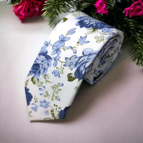 Handmade Skinny Men's Tie – Floral Leaf Design – 100% Cotton Necktie – Elegant and Stylish Accessory for Weddings, Parties, and Formal Events (White Steel Blue) in Saudi Arabia