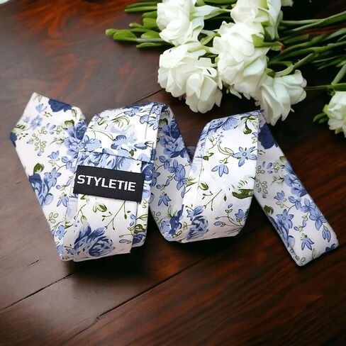 Handmade Skinny Men's Tie – Floral Leaf Design – 100% Cotton Necktie – Elegant and Stylish Accessory for Weddings, Parties, and Formal Events (White Steel Blue) in Saudi Arabia