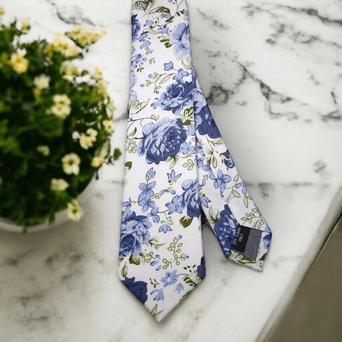 Handmade Skinny Men's Tie – Floral Leaf Design – 100% Cotton Necktie – Elegant and Stylish Accessory for Weddings, Parties, and Formal Events (White Steel Blue) in Saudi Arabia