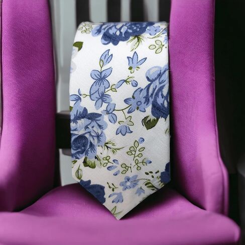 Handmade Skinny Men's Tie – Floral Leaf Design – 100% Cotton Necktie – Elegant and Stylish Accessory for Weddings, Parties, and Formal Events (White Steel Blue) in Saudi Arabia