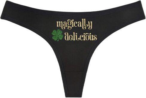Magically Delicious Shamrock Panties - Black Thong - St Patrick's Day Humorous Panties Humorous Thong Naughty Sexy Kinky Underwear Funny Holiday Thong Panties Lingerie Underwear Leprechaun (Green & Gold Glitter, M) in Saudi Arabia