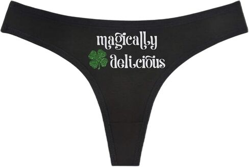 Magically Delicious Shamrock Panties - Black Thong - St Patrick's Day Humorous Panties Humorous Thong Naughty Sexy Kinky Underwear Funny Holiday Thong Panties Lingerie Underwear Leprechaun (Green & Gold Glitter, M) in Saudi Arabia