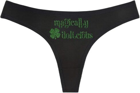 Magically Delicious Shamrock Panties - Black Thong - St Patrick's Day Humorous Panties Humorous Thong Naughty Sexy Kinky Underwear Funny Holiday Thong Panties Lingerie Underwear Leprechaun (Green & Gold Glitter, M) in Saudi Arabia