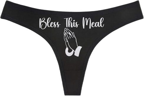 BLESS THIS MEAL - Praying Hands - Black Thong - Choose Your Text Color - Swingers Threesome Cuckold Hot Wife Humorous Panties (L, White Glitter) in Saudi Arabia