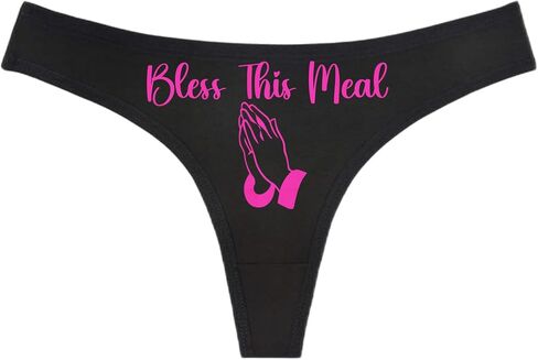 BLESS THIS MEAL - Praying Hands - Black Thong - Choose Your Text Color - Swingers Threesome Cuckold Hot Wife Humorous Panties (L, White Glitter) in Saudi Arabia