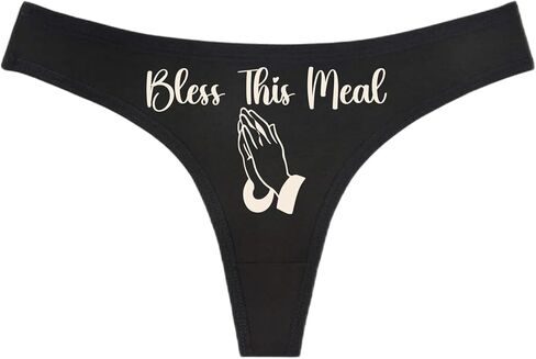 BLESS THIS MEAL - Praying Hands - Black Thong - Choose Your Text Color - Swingers Threesome Cuckold Hot Wife Humorous Panties (L, White Glitter) in Saudi Arabia
