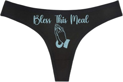 BLESS THIS MEAL - Praying Hands - Black Thong - Choose Your Text Color - Swingers Threesome Cuckold Hot Wife Humorous Panties (L, White Glitter) in Saudi Arabia