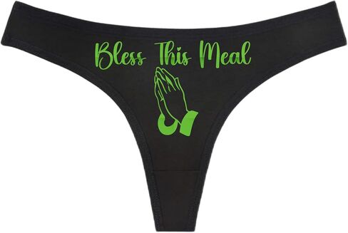 BLESS THIS MEAL - Praying Hands - Black Thong - Choose Your Text Color - Swingers Threesome Cuckold Hot Wife Humorous Panties (L, White Glitter) in Saudi Arabia