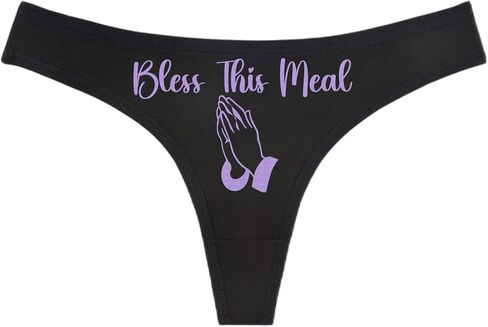 BLESS THIS MEAL - Praying Hands - Black Thong - Choose Your Text Color - Swingers Threesome Cuckold Hot Wife Humorous Panties (L, White Glitter) in Saudi Arabia