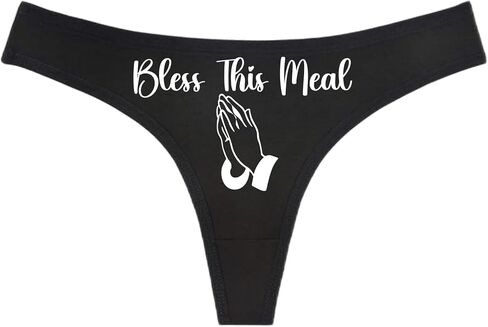BLESS THIS MEAL - Praying Hands - Black Thong - Choose Your Text Color - Swingers Threesome Cuckold Hot Wife Humorous Panties (L, White Glitter) in Saudi Arabia