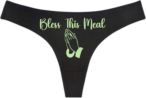 BLESS THIS MEAL - Praying Hands - Black Thong - Choose Your Text Color - Swingers Threesome Cuckold Hot Wife Humorous Panties (L, White Glitter) in Saudi Arabia
