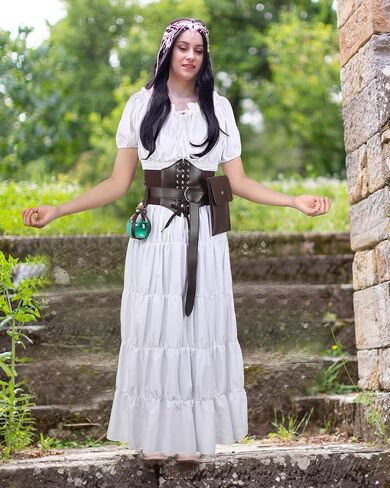 Crowye Women Renaissance Costume Includes Medieval Chemise Long Dress Leather Belt Corset Waist Belts Pouch Potion Bottle (Large) in Saudi Arabia