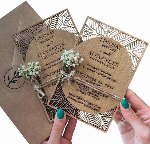 Pack of Personalized Wood Wedding Invitation - Laser Cut Wedding Invitations - White Flower Twined Wooden Invitations with Envelopes & Stickers in Saudi Arabia