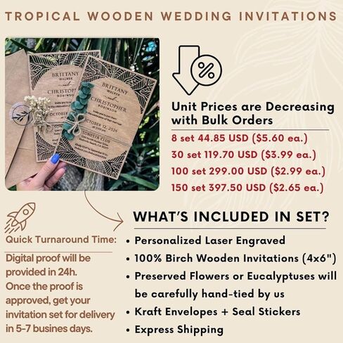 Pack of Personalized Wood Wedding Invitation - Laser Cut Wedding Invitations - White Flower Twined Wooden Invitations with Envelopes & Stickers in Saudi Arabia