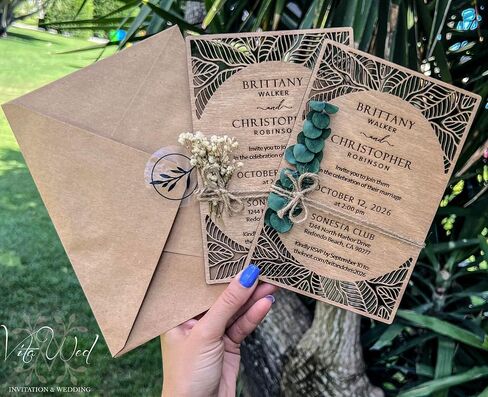 Pack of Personalized Wood Wedding Invitation - Laser Cut Wedding Invitations - White Flower Twined Wooden Invitations with Envelopes & Stickers in Saudi Arabia