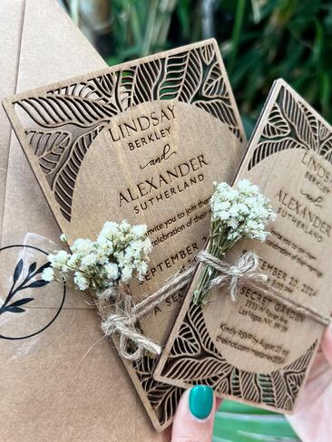 Pack of Personalized Wood Wedding Invitation - Laser Cut Wedding Invitations - White Flower Twined Wooden Invitations with Envelopes & Stickers in Saudi Arabia