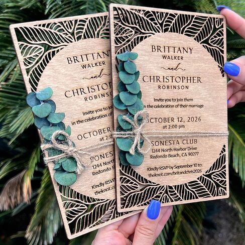 Pack of Personalized Wood Wedding Invitation - Laser Cut Wedding Invitations - White Flower Twined Wooden Invitations with Envelopes & Stickers in Saudi Arabia