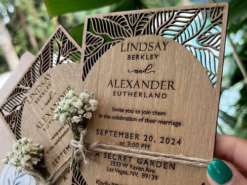 Pack of Personalized Wood Wedding Invitation - Laser Cut Wedding Invitations - White Flower Twined Wooden Invitations with Envelopes & Stickers in Saudi Arabia