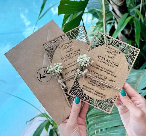 Pack of Personalized Wood Wedding Invitation - Laser Cut Wedding Invitations - White Flower Twined Wooden Invitations with Envelopes & Stickers in Saudi Arabia