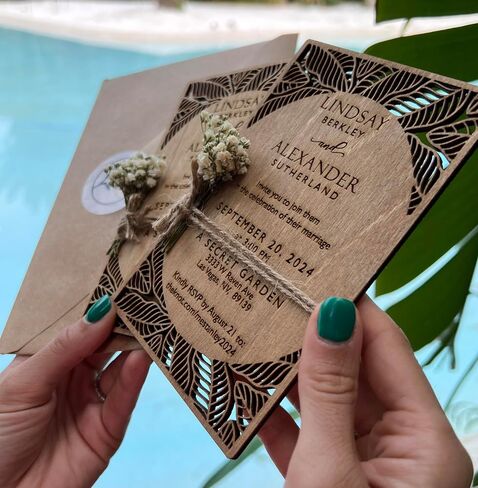 Pack of Personalized Wood Wedding Invitation - Laser Cut Wedding Invitations - White Flower Twined Wooden Invitations with Envelopes & Stickers in Saudi Arabia