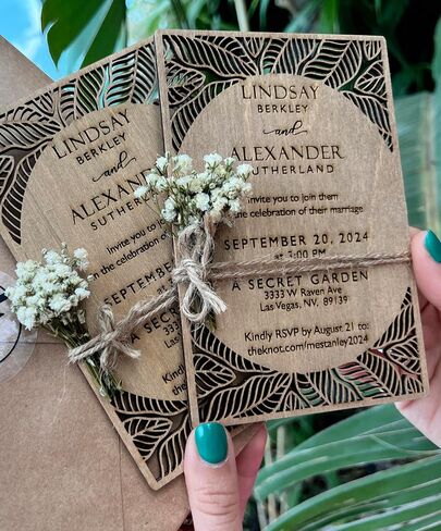 Pack of Personalized Wood Wedding Invitation - Laser Cut Wedding Invitations - White Flower Twined Wooden Invitations with Envelopes & Stickers in Saudi Arabia