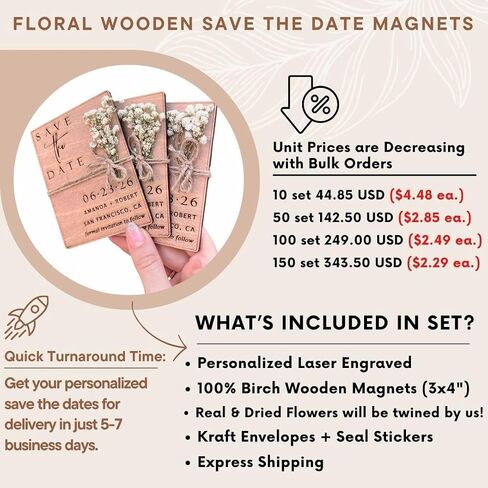 Floral & Wood Save the Dates for Weddings Magnets with Envelopes - Wooden Save the Date Magnets - Magnetic & 100% Birch Wood for Wedding in Saudi Arabia