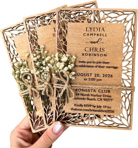 Pack of Floral Personalized Wedding Invitations - Laser Cut Wedding Invitation - Flower Twined Wooden Invitations with Envelopes & Stickers in Saudi Arabia