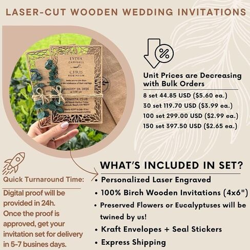 Pack of Floral Personalized Wedding Invitations - Laser Cut Wedding Invitation - Flower Twined Wooden Invitations with Envelopes & Stickers in Saudi Arabia