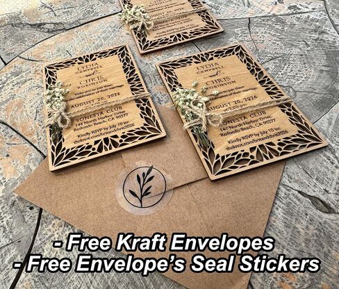 Pack of Floral Personalized Wedding Invitations - Laser Cut Wedding Invitation - Flower Twined Wooden Invitations with Envelopes & Stickers in Saudi Arabia
