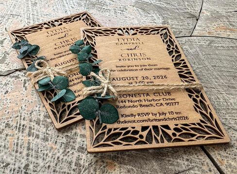 Pack of Floral Personalized Wedding Invitations - Laser Cut Wedding Invitation - Flower Twined Wooden Invitations with Envelopes & Stickers in Saudi Arabia