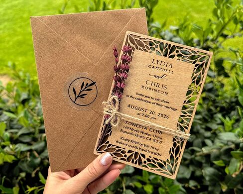 Pack of Floral Personalized Wedding Invitations - Laser Cut Wedding Invitation - Flower Twined Wooden Invitations with Envelopes & Stickers in Saudi Arabia
