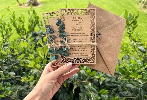 Pack of Floral Personalized Wedding Invitations - Laser Cut Wedding Invitation - Flower Twined Wooden Invitations with Envelopes & Stickers in Saudi Arabia