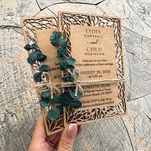 Pack of Floral Personalized Wedding Invitations - Laser Cut Wedding Invitation - Flower Twined Wooden Invitations with Envelopes & Stickers in Saudi Arabia